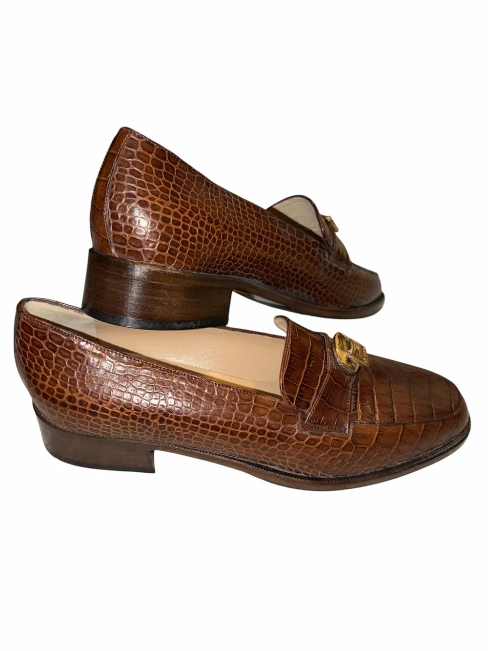 NWOT Vintage St. John Brown Croc Embossed Leather Loafers Gold Hardware Italy 8